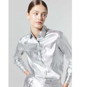 Lanhtropy metallic silver on linen button up blouse
